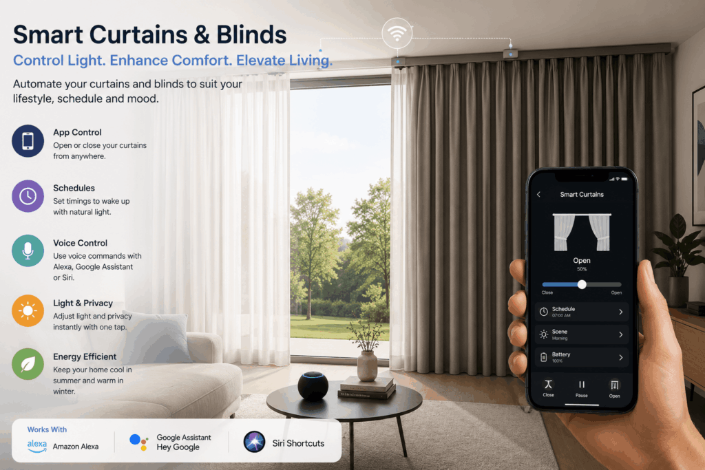 Smart Home Technology Smart curtains and blinds controlled via smartphone app in a modern smart home.