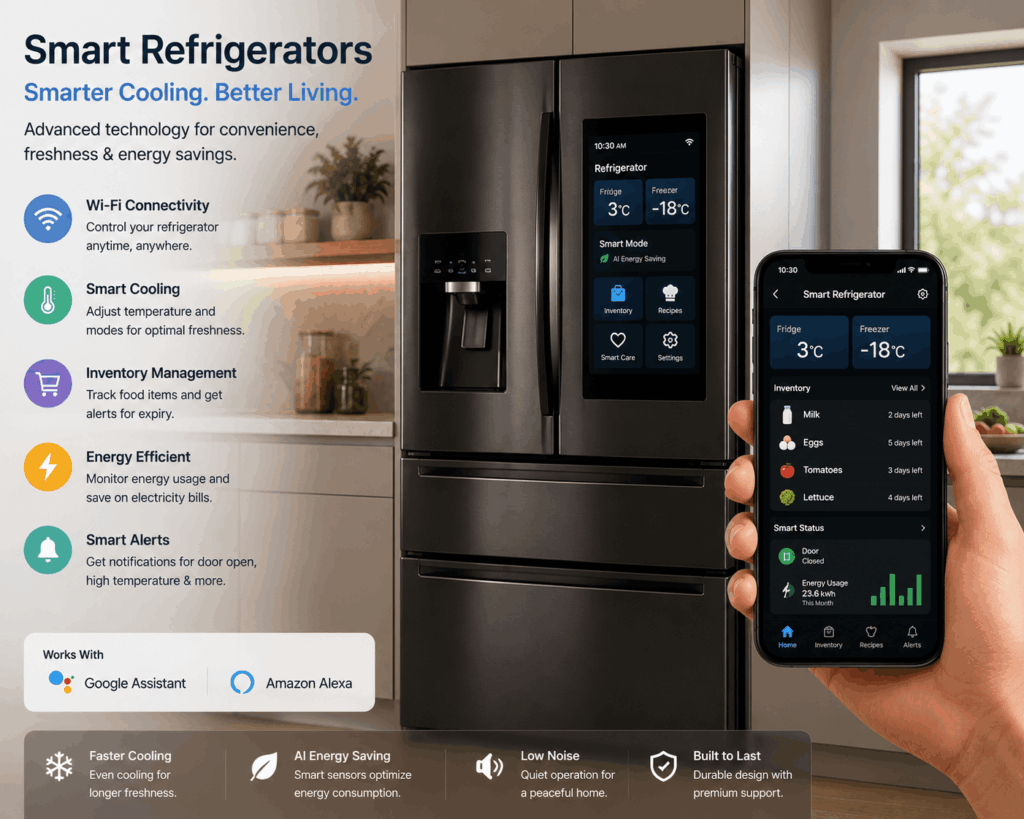 Smart Home Technology Smart refrigerator with smartphone app control in a modern kitchen.