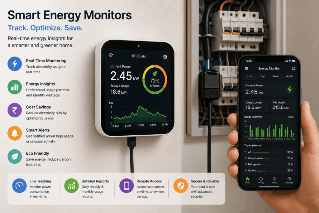 Smart Home Technology Smart energy monitor with real-time electricity tracking on a smartphone app.