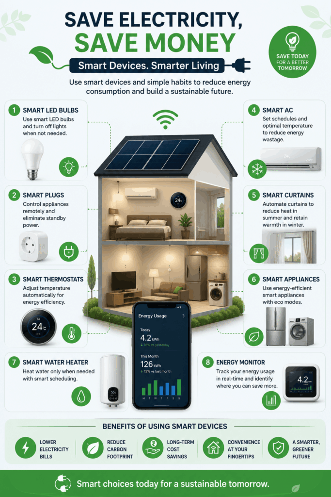 Smart Home Technology Infographic showing smart devices that help save electricity at home.