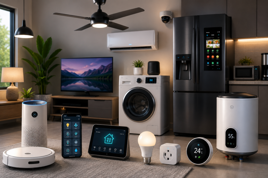 Smart Home Technology Modern smart home with connected appliances controlled through a smartphone app.