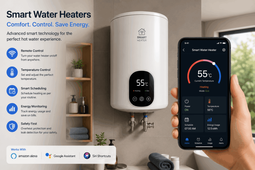 Smart Home Technology Smart water heater controlled via smartphone app in a modern bathroom.