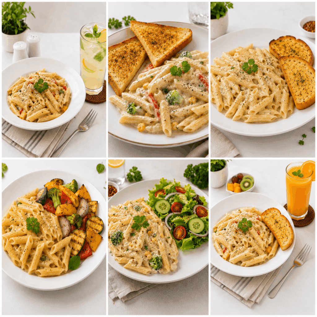 Creamy pasta dishes with garlic bread, vegetables, and drinks