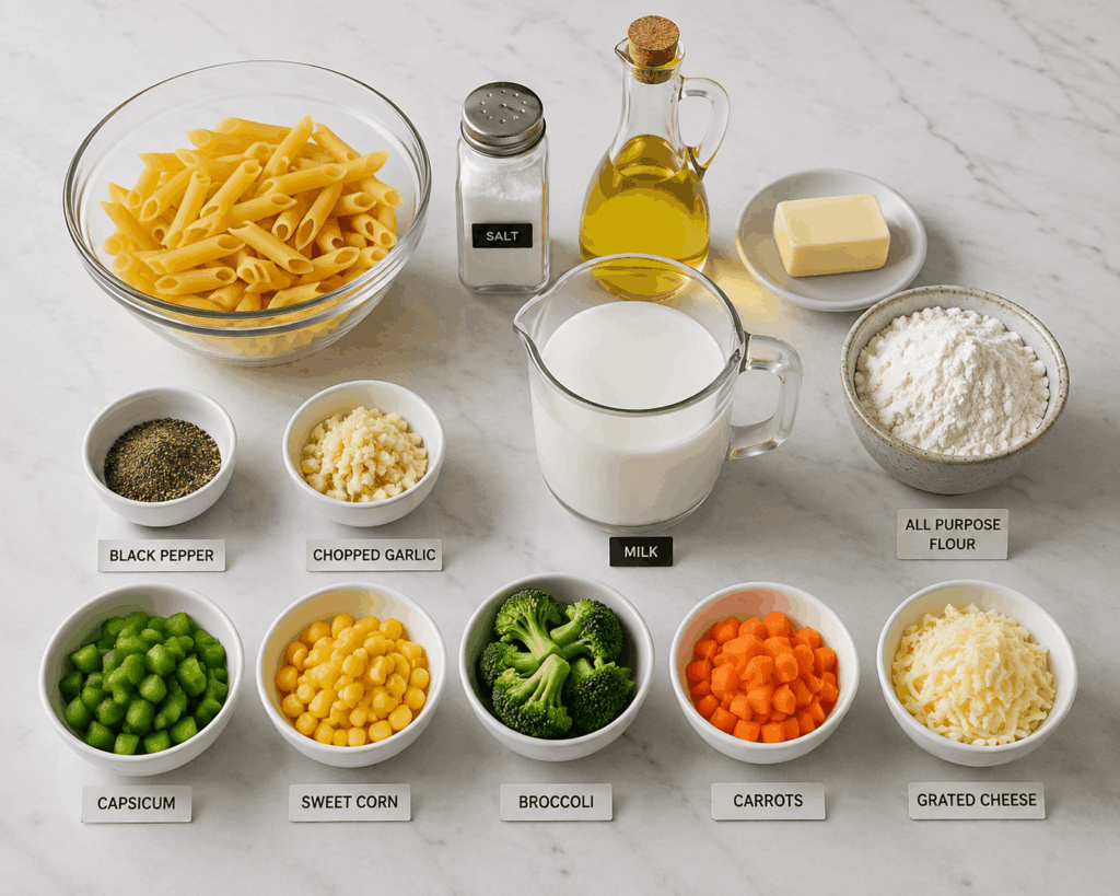 Ingredients for white sauce pasta